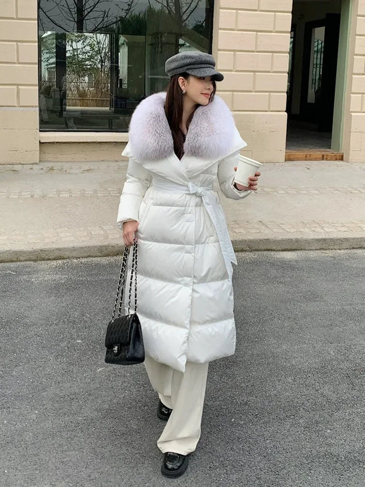 Reality Fur Jacket Women New Winter White Duck Down Coat Warm Long Parkas Real Fox Fur Collar Female Hooded Snow Puffer Coats