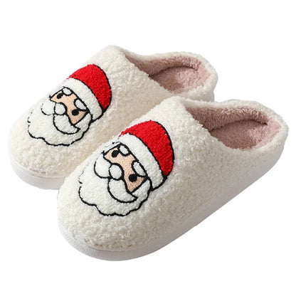Christmas Women Warm Fashion Slippers Men Cute Santa Claus Embroidery Pattern Slides Couples Furry Sandals Family Plush Shoes