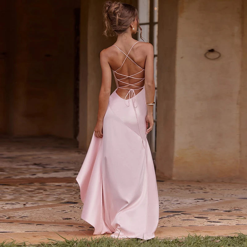 Sexy Slash Neck Slim Ruffle Banquet Dress Women Spring Backless Lace-up Long Irregular Dress Summer Sleeveless Hollow Maxi Dress