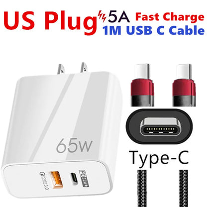 Supercharge USB Type C Cable QC3.0 65W PD fast Charger for Samsung iPhone Xiaomi Huawei Universal Quick Charger