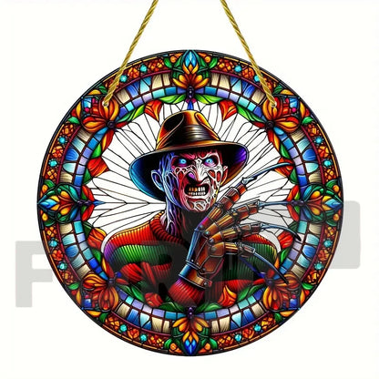 Horror Theme Stained Window Hanging Sun Catcher,Round Acrylic Translucent Sign,Halloween Decor for House,bar,Porch,Patio Garden
