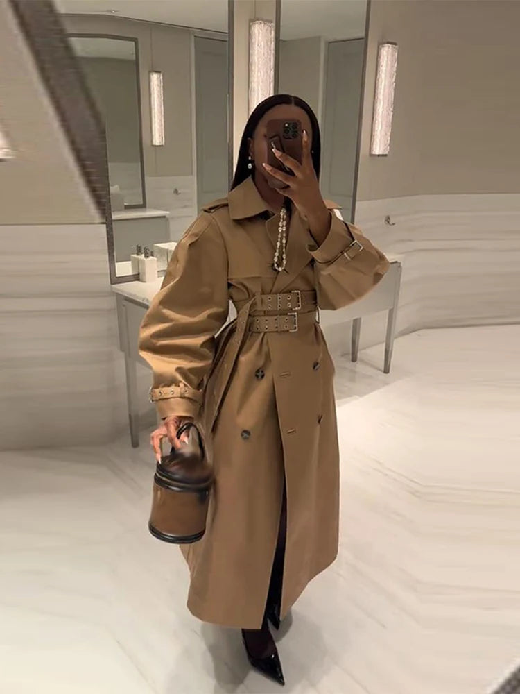 Double-Buckled Belted Hooded Trench Coat Oversized Long Sleeve Maxi 2025 Autumn Edgy Women Outerwear Fashion Trendy Lady Jacket