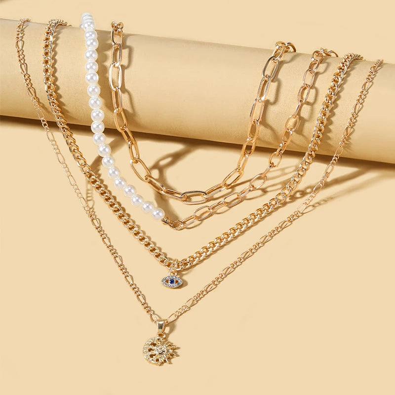 Layered Evil Eye & Cross Pendant Necklace – Lucky Charm