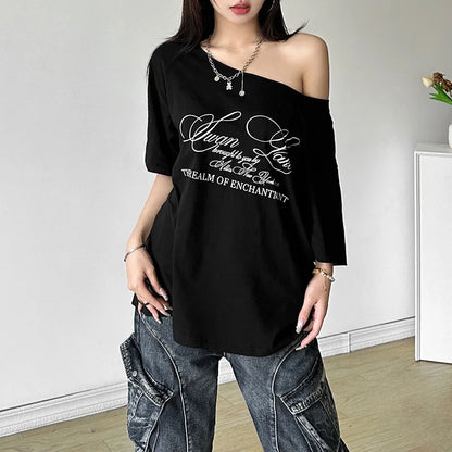 Casual Relax Woman T-shirt Letter 2025 Women Oversized One Shoulder Tops Versatile Street Atmosphere Style Fashionable Tops
