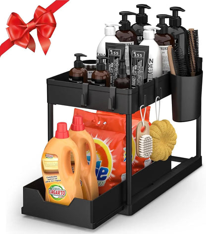 2-Tier Under Sink Organizer with Sliding Drawers & Hooks