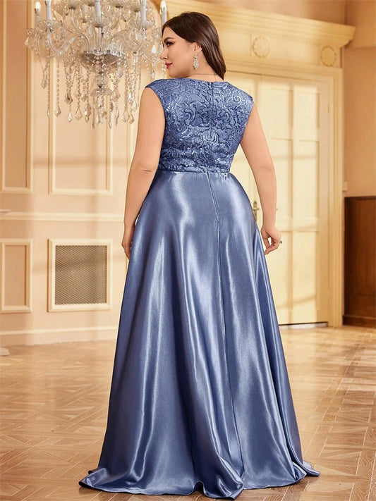 Plus Size Luxury Satin Sleeveless Evening Dress Elegant Long Sequin Splice A-line Formal Wedding Party Cocktail Gowns