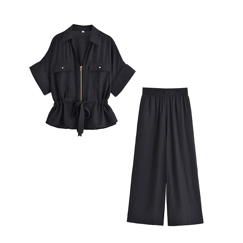 Women’s Summer 2-Piece Set – Loose Shirt & High-Waist Pants