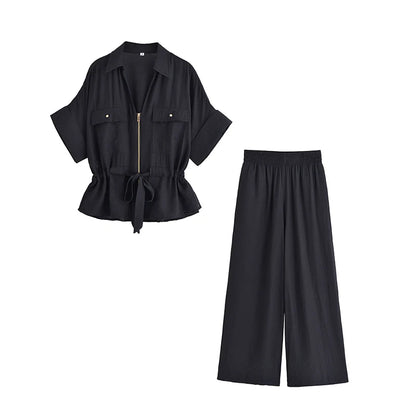 Women’s Summer 2-Piece Set – Loose Shirt & High-Waist Pants