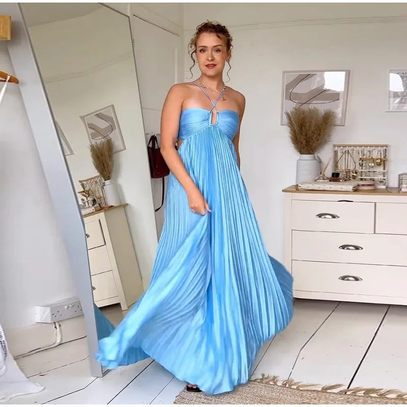 Women's Halter Backless Pleated Maxi Dress – Beach Vibes 2025