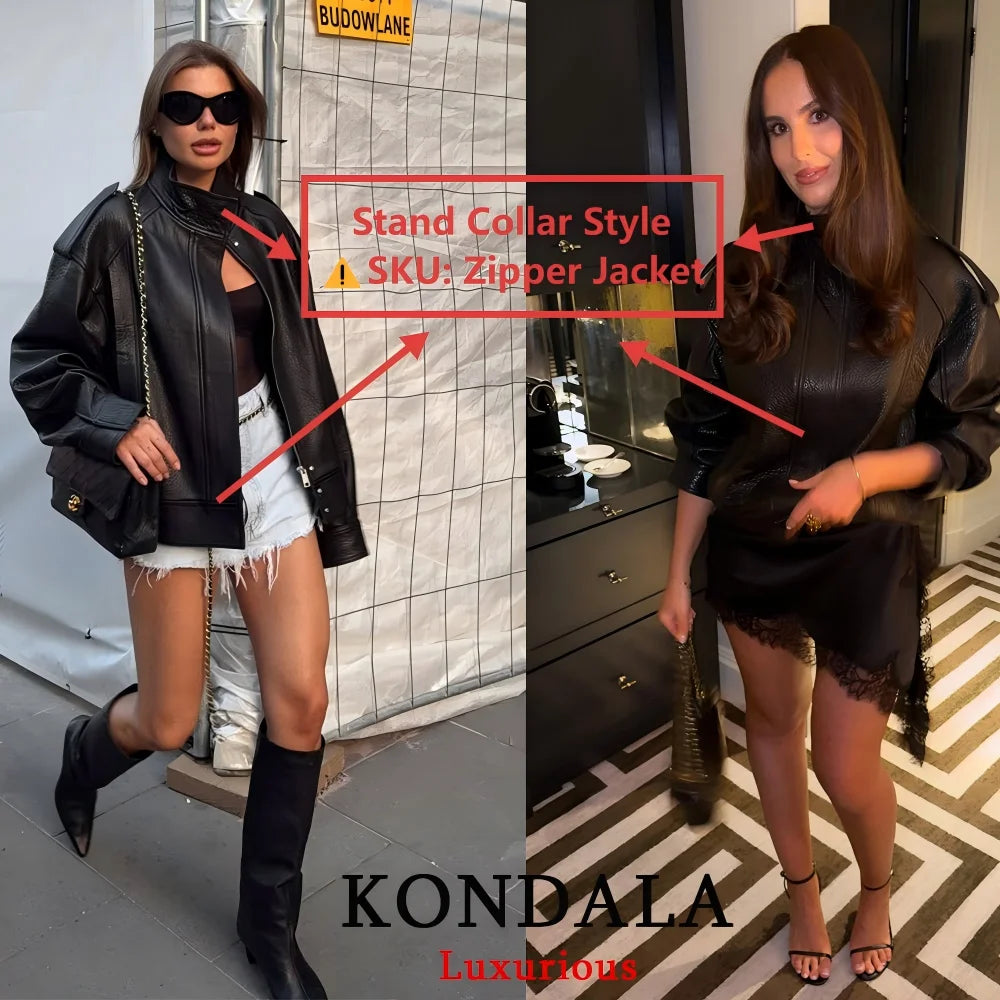 KONDALA Casual Chic Black Leather Jackets Women Long Sleeve Buttons Elastic Oversized Coats Fashion 2025 Fall Streetwear Coats