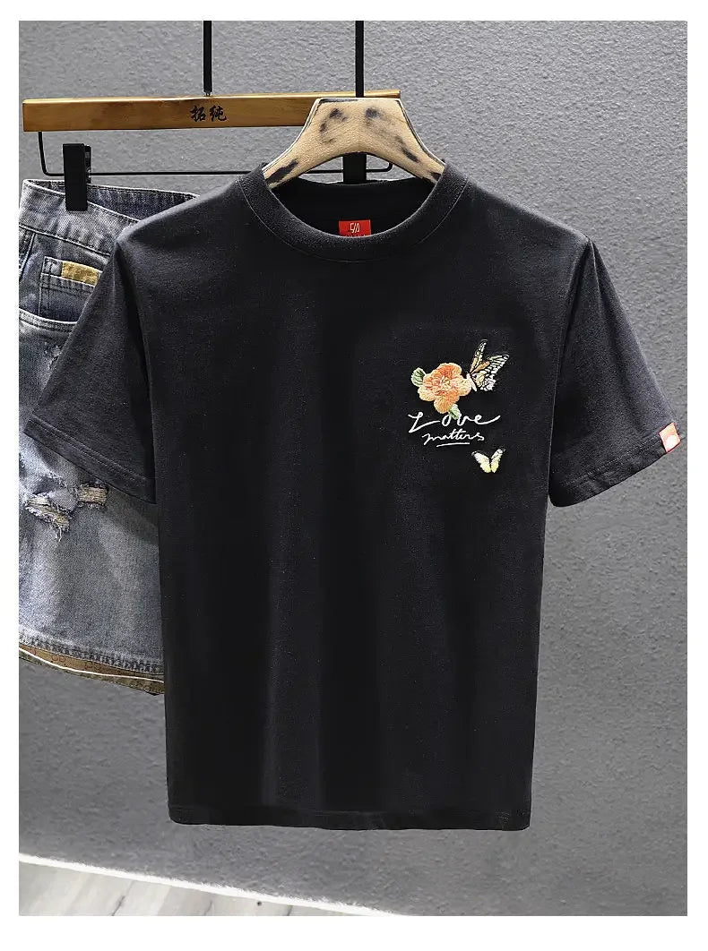 2025 Summer New Chinese Style Butterfly Embroidered Short-sleeved T-shirt Men Loose Casual Top