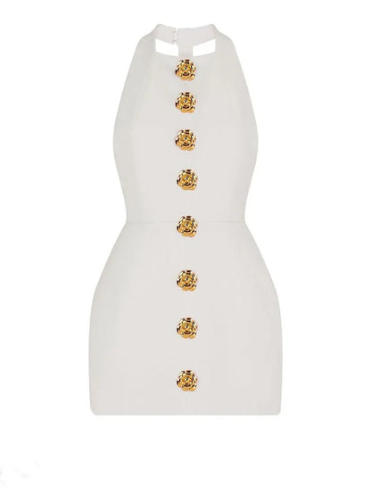 Chic Pink Halter Mini Dress – Backless, Sleeveless, Gold Button | Summer Party Dress 2025