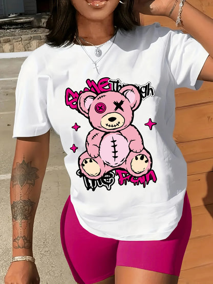 Bear Print Crew Neck T-Shirt Casual Short Sleeve T-Shirt for Spring & Summer Women's Clothing Aesthetic Clothes