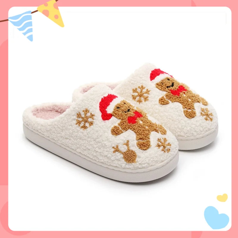 Christmas Women Warm Fashion Slippers Men Cute Santa Claus Embroidery Pattern Slides Couples Furry Sandals Family Plush Shoes