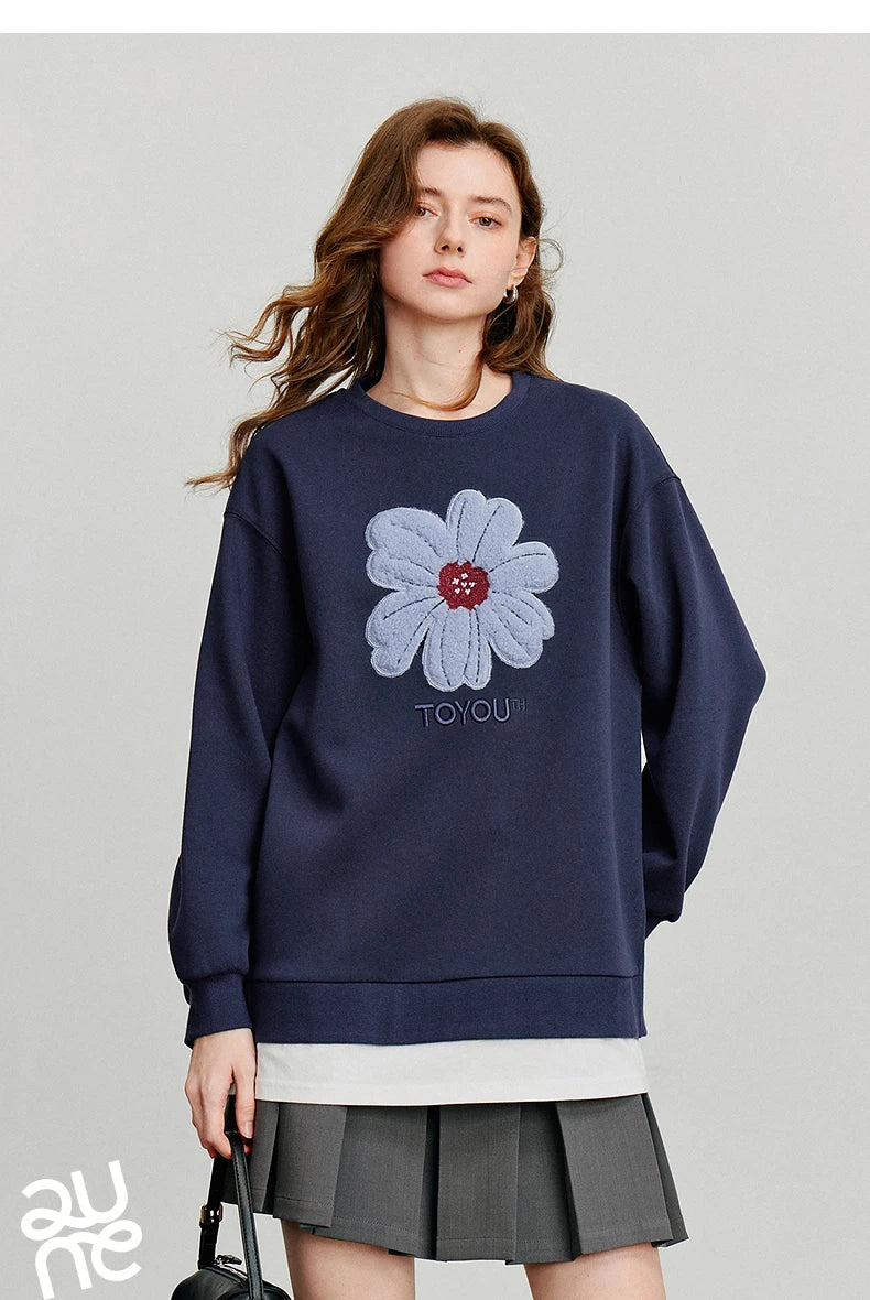 TOYOUTH Women Hoodies Sweatshirt 2025 Autumn New Plush Flower Printed Contrasting Color Splicing Fake Two Piece Cotton Pullover