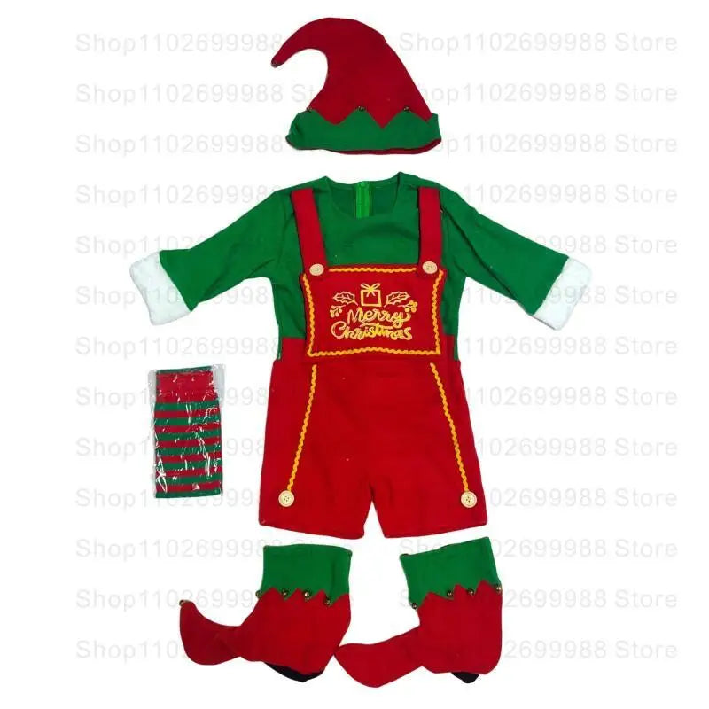 2025 Christmas Boys Cute Green Elf Costume New Year Family Party Festival Fancy Santa Claus Cosplay Outfit Set for Men Women