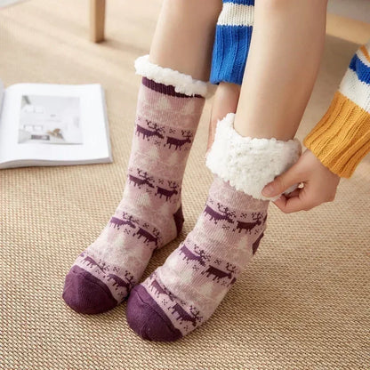 Fuzzy Fluffy Sock Women Winter Christmas Gift Warm Plush Non slip Home Sleeping Soft Female Floor Thermal Slipper Sock Snowflake