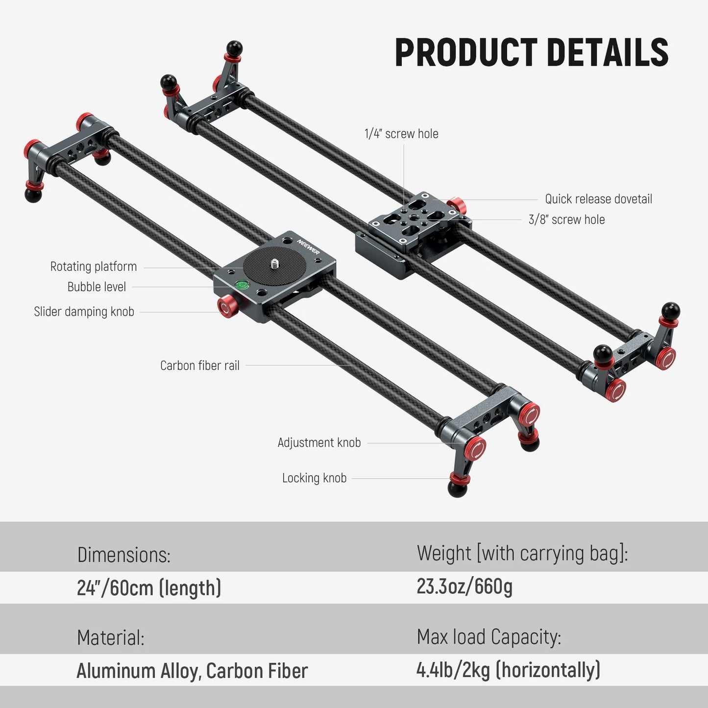 NEEWER 60cm Carbon Fiber Camera Slider with Ball Head