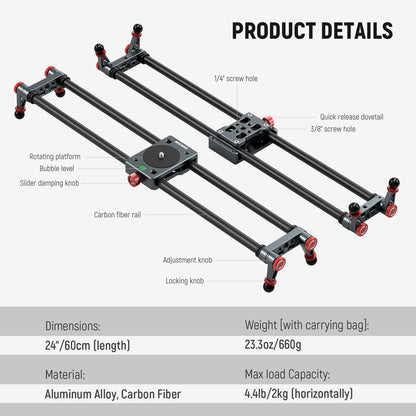 NEEWER 60cm Carbon Fiber Camera Slider with Ball Head