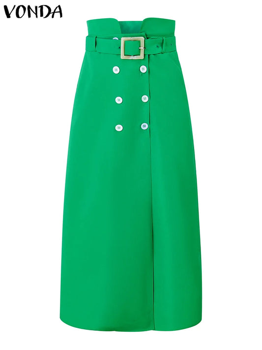 VONDA Women Elegant Skirts 2025 Casual Waistband Button Design Slit Long Overskirts Solid Color Office Lady Bottoms Oversized