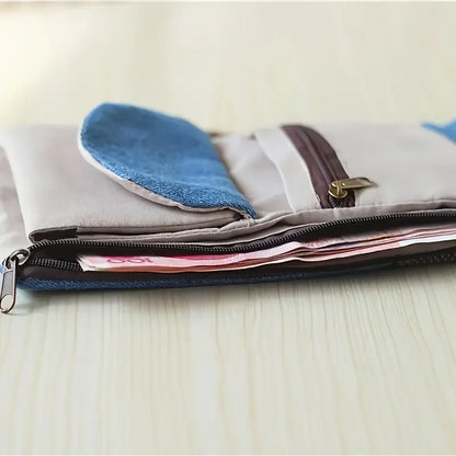 Women's Handmade Fold Fabric Wallet Simple Color Contrast Short Zipper Purses Cartoon Coin Purse Card Holder Key Organizer