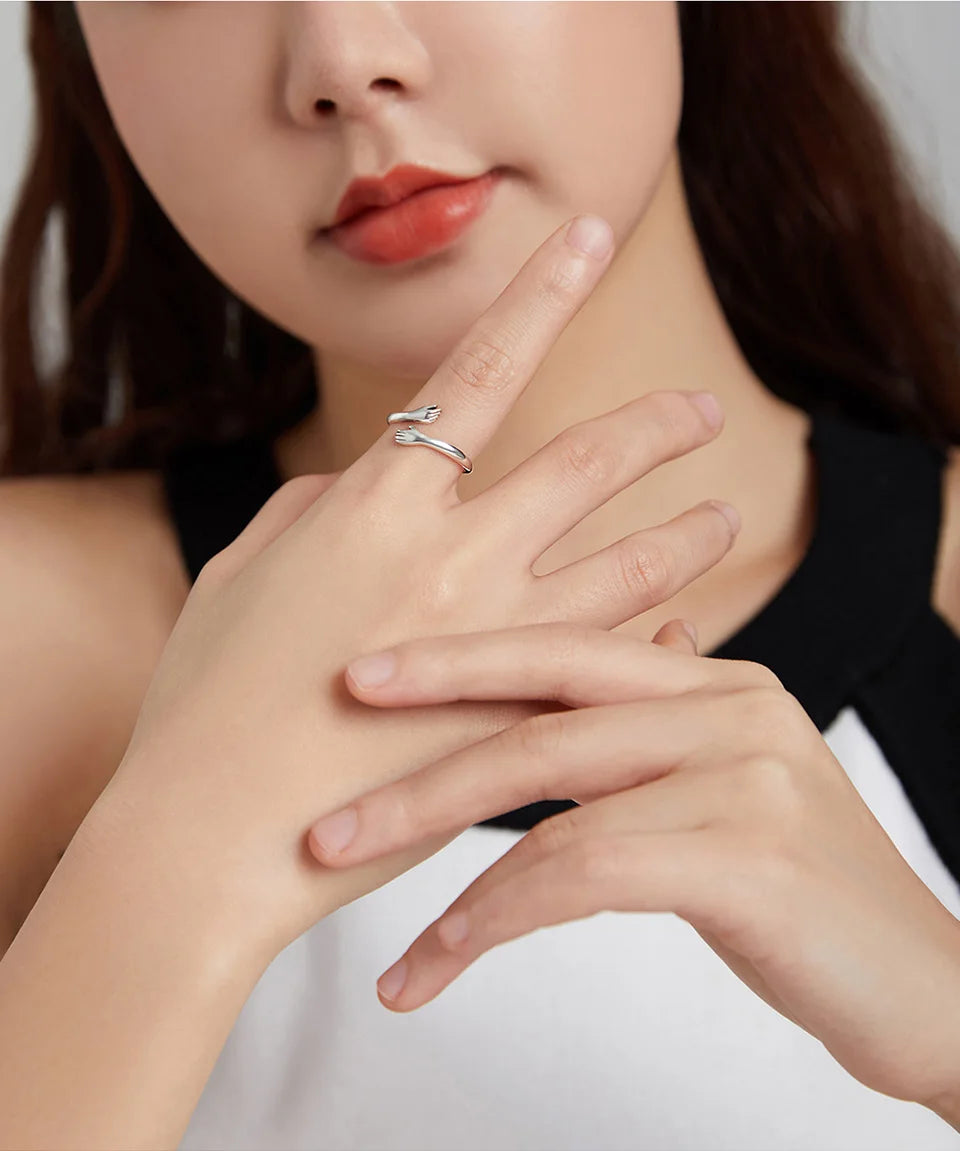 BAMOER 925 Sterling Silver Hug Open Ring Warmth and Love Hand Adjustable for Women Party Jewelry, His Big Loving Family Gift