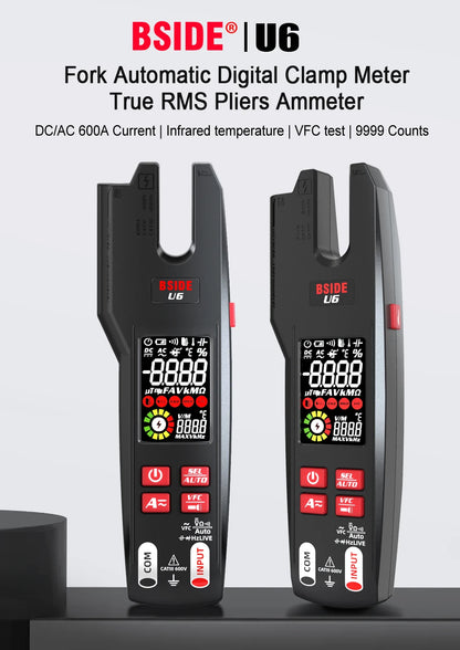 BSIDE Professional Digital Clamp Meter U6 Fork 600A Ammeter Pliers T-RMS DC AC Current OpenJaw Electrical Tester Auto Multimeter