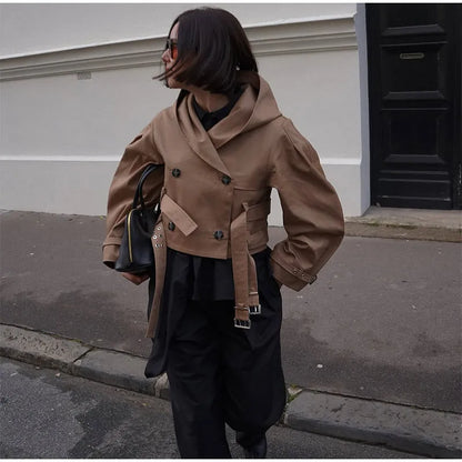 Double-Buckled Belted Hooded Trench Coat Oversized Long Sleeve Maxi 2025 Autumn Edgy Women Outerwear Fashion Trendy Lady Jacket