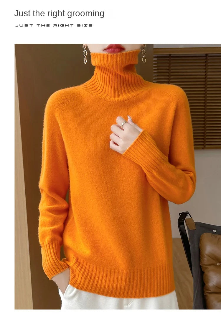 Women's Clothing New Fashion Autumn And Winter Merino Wool Pullover Solid Color Long Sleeve Basic Thermal Top 100% Wool Sweater