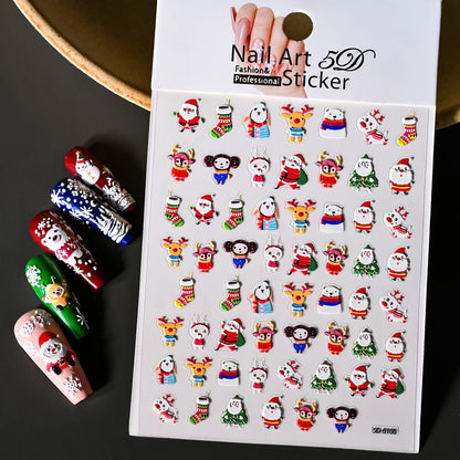 Cute Deer Christmas Nail Stickers 5D Embossed Elk Star Gingerbread Man Snowflake Santa Claus Holly DIY Winter Engraved Manicure*