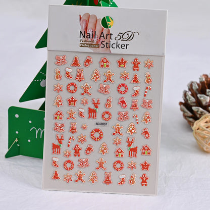 Cute Deer Christmas Nail Stickers 5D Embossed Elk Star Gingerbread Man Snowflake Santa Claus Holly DIY Winter Engraved Manicure*