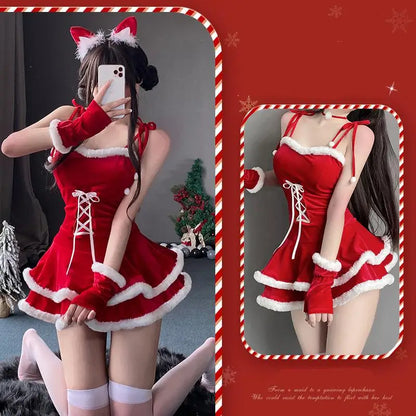 [You're My Secret] Christmas Dress Suit Women Xmas Cosplay Costume Red Suit Party Rabbit Ears Hooded Shawl Christmas Girl Set