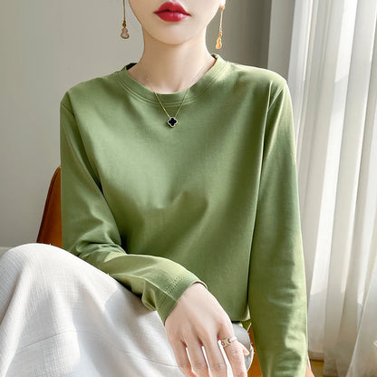 Spring Autumn 100% Cotton Long-Sleeved T-Shirt Women's Round Neck Mercerized Cotton Bottoming Shirt Loose Top