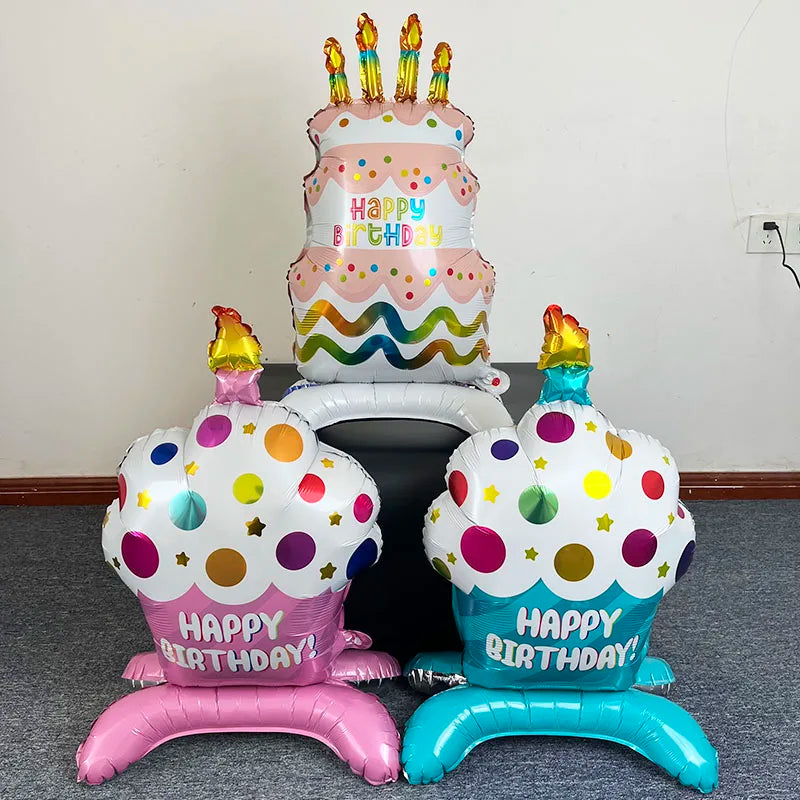 Birthday Cake Balloon with Base Standing Foil Balloon Cute Cake Balloon Kids Boy Girl Birthday Party Decor Supplies Baby Shower