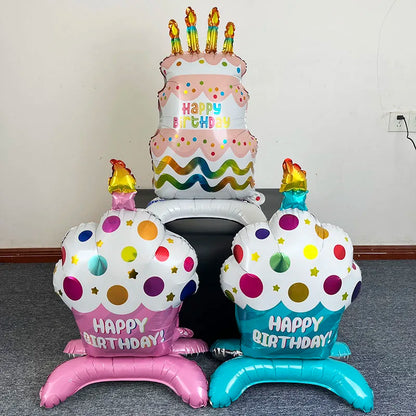 Birthday Cake Balloon with Base Standing Foil Balloon Cute Cake Balloon Kids Boy Girl Birthday Party Decor Supplies Baby Shower