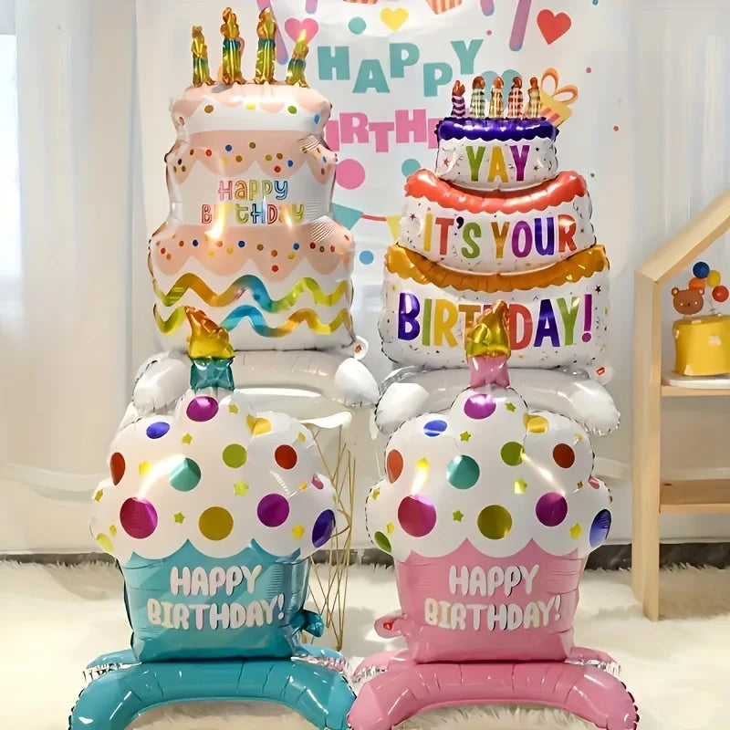 Birthday Cake Balloon with Base Standing Foil Balloon Cute Cake Balloon Kids Boy Girl Birthday Party Decor Supplies Baby Shower