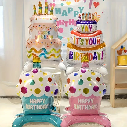 Birthday Cake Balloon with Base Standing Foil Balloon Cute Cake Balloon Kids Boy Girl Birthday Party Decor Supplies Baby Shower