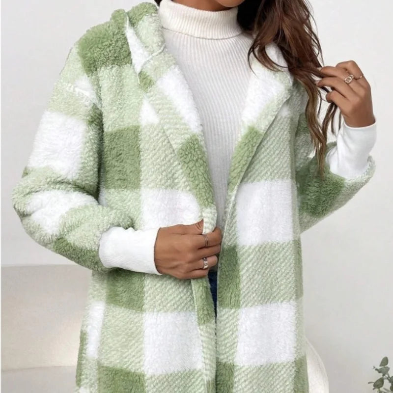 Women Autumn Winter Double Fleece Plaid Cardigan Soft Loose Long Sleeve Plush Warm Hooded Jacket Female Patchwork Outerwear Coat
