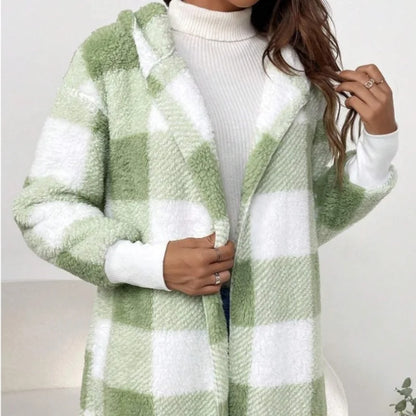 Women Autumn Winter Double Fleece Plaid Cardigan Soft Loose Long Sleeve Plush Warm Hooded Jacket Female Patchwork Outerwear Coat
