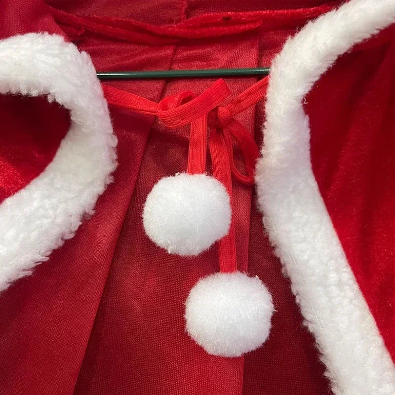 Christmas Shawl Cape Hooded Santa Claus Costume Red with Hat Cosplay Winter Warm Coat Holiday Performance Outfit Party Dress