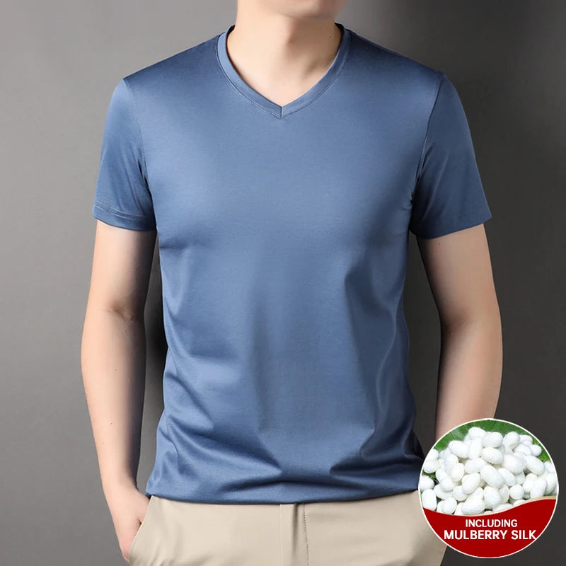 Top Grade 1.7% Mulberry Silk New Summer Brand Tops V Neck t Shirts For Men 2025 Short Sleeve Casual Fashion Mens Clothing