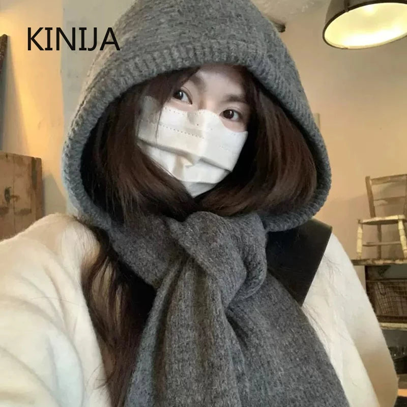 Korean Balaclava Bonnet Women Skullies Beanies Hat Scarf One-piece Thickened Warm Neck Protection Winter Accessories Knitted Law