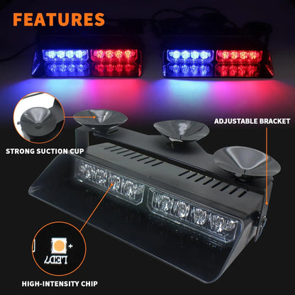 2 in 1 LED Emergency Strobe Lights for Vehicles Front/Rear Windshield with Suction Cups,Dash Deck Safety Flashing Hazard Warning