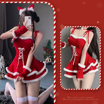 [You're My Secret] Christmas Dress Suit Women Xmas Cosplay Costume Red Suit Party Rabbit Ears Hooded Shawl Christmas Girl Set