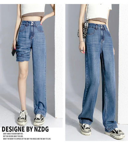 Summer Lyocell Thin Women's Wide-Leg Jeans High Waist Slimming Design High Street Mopping Trousers Loose Straight Pants Fashion
