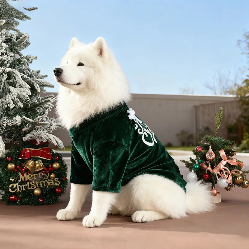 Christmas Velvet Dog Sweatshirt, “Merry Christmas” Print, Warm Soft Pullover, Red/Green, Sizes S–6XL for Small to Large Dogs