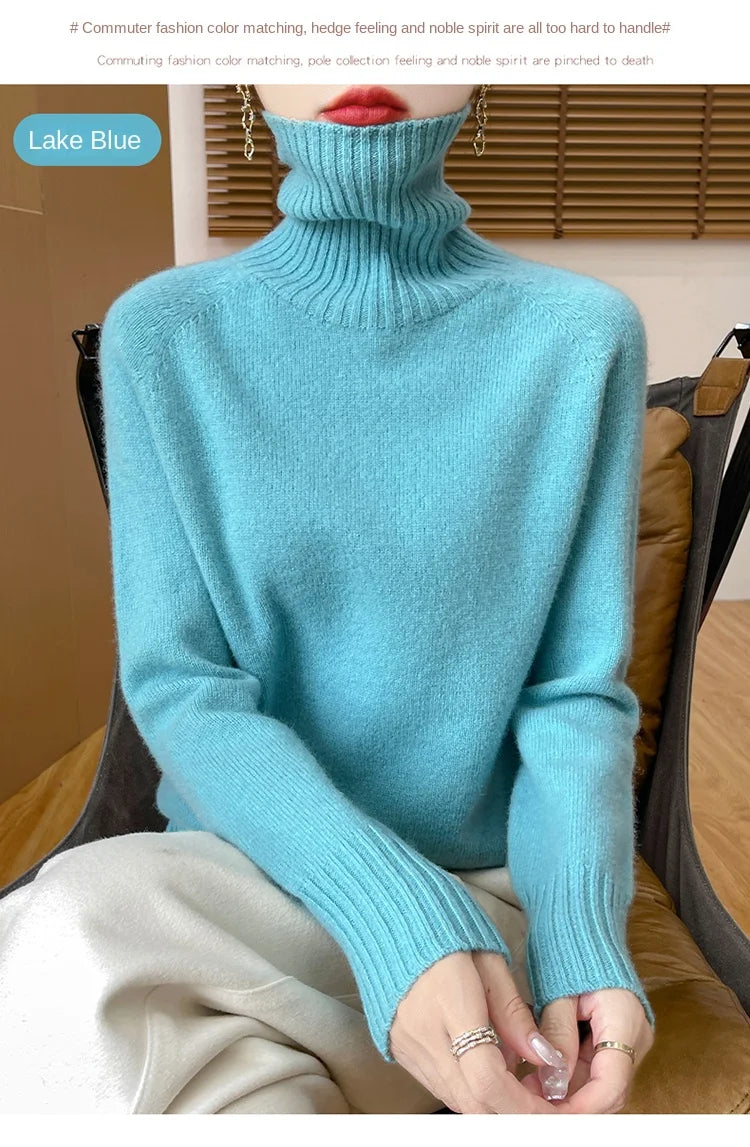 Women's Clothing New Fashion Autumn And Winter Merino Wool Pullover Solid Color Long Sleeve Basic Thermal Top 100% Wool Sweater