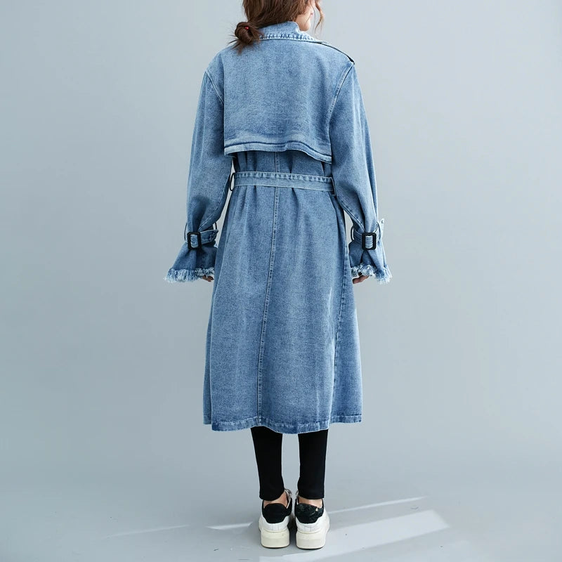 2025 Women's Denim Trench Coat Autumn Double Breasted Belted Casual Jean Overcoat Loose Long Windbreaker Jacket Couple Models