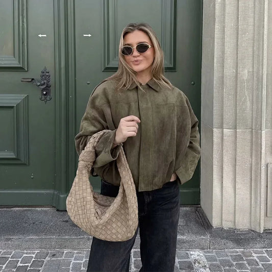 RAFZNB Women's Bomber Jackets Coats Fashion Turn-down Collar Long Sleeve Loose Coats Vintage Female Outerwear Chic Tops