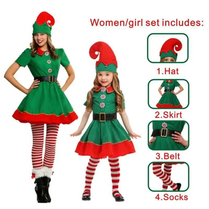 Adult and Boys Christmas Green Elf Cosplay Costume Xmas Party New Year Santa Claus Hat Belt Socks Shoe Cover Dress Clothes Set